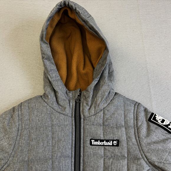 Timberland Puffer Jacket Boys 2 Gray Black Color Block Hooded Coat Outdoors Kids - Picture 2 of 8